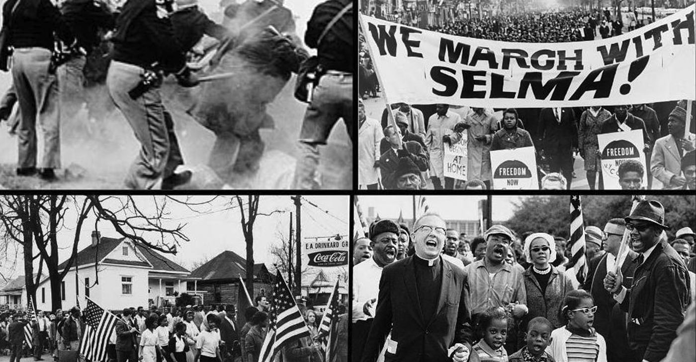 In many cases, the same baseless and thinly-veiled rationales used to challenge ballot access in the 1960s are resurfacing today in support of these efforts to shrink our democracy. Top left: Alabama police attack Selma to Montgomery marchers, known as "Bloody Sunday," in 1965 Top right: Marchers carrying banner "We march with Selma!" on street in Harlem, New York City, New York in 1965 Bottom left: Participants in the Selma to Montgomery march in Alabama during 1965 Bottom right: Dr. Martin Luther King, Dr. Ralph David Abernathy, their families, and others leading the Selma to Montgomery march in 1965 (Photos: Wikimedia Commons)