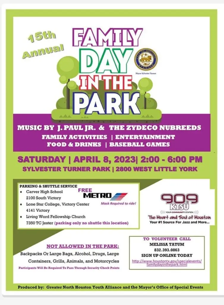 City of Houston on X: .@houmayor Turner's 14th Annual 'Family Day In The  Park' is back and we are so excited!🙌 Please #joinus on Saturday, April  9th at Sylvester Turner Park for