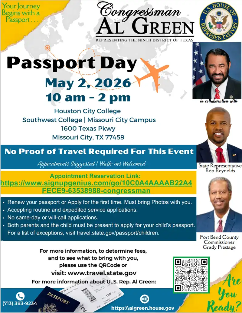 CONGRESSMAN AL GREEN TO HOSTS MAY PASSPORT DAY