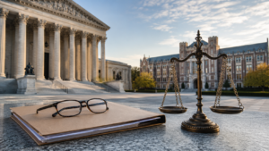 Illustrative view of scales of justice beside case files, with a federal courthouse and university building in the background.