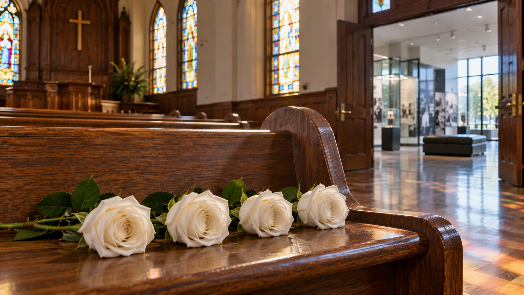 Illustrative memorial scene with four white roses on a wooden church pew and a modern civil-rights education gallery visible beyond.