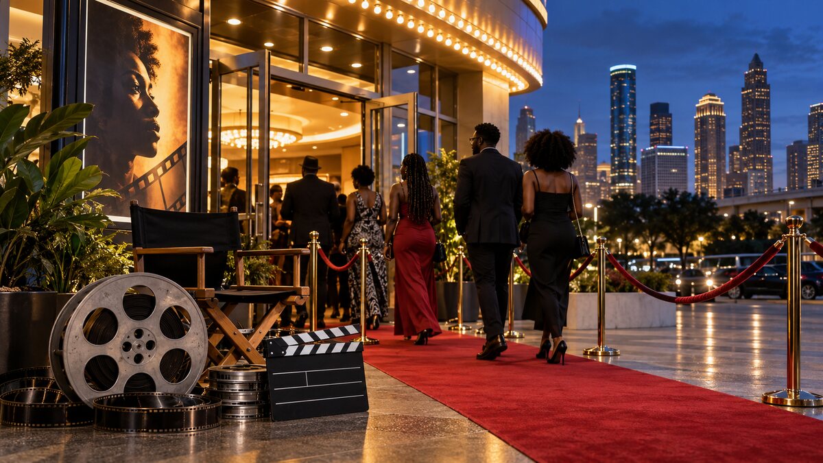 Illustrative view of Black filmmakers and moviegoers entering a Houston cinema for a film festival, with a red carpet, film equipment and the city skyline.