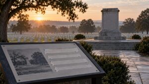 Illustrative view of an empty memorial pedestal at a military cemetery beside an archival panel with removed lines of text.