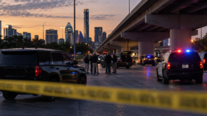 Illustrative scene of a roadway investigation beneath a North Austin highway overpass, with police tape, emergency vehicles and the Austin skyline in the distance.