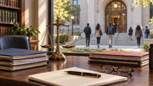 Illustrative view of law-school application folders and scales of justice overlooking a campus courtyard with adult students.