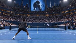 Illustrative view of two Black male tennis players competing in a packed New York stadium, with a Black female player represented on the arena screen.
