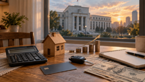 Illustrative image of a calculator, house model, car key, credit card and rising stacks of coins on a household table with a central-bank-style building in the background.