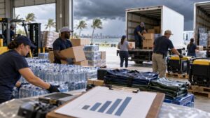 Illustrative image of diverse adult emergency-response workers loading water, supplies and generators into unbranded trucks at a Gulf Coast warehouse as storm clouds gather.