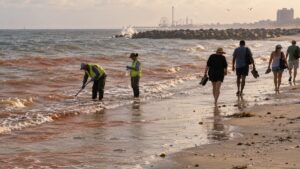 Illustrative image of coastal environmental workers collecting water samples as adult beach visitors leave reddish Gulf surf near Galveston.