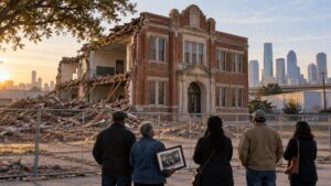 Illustrative image of Black adult community members viewing the partially demolished facade of a historic red-brick school in Houston, with one person holding an old classroom photograph.