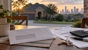 Illustrative image of a Houston-area home with a property-tax envelope, calculator and house keys on a table.