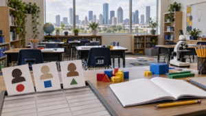 Illustrative image of an empty Houston classroom with learning tools, blank assessment materials and symbolic student profile cards on a scoring grid.