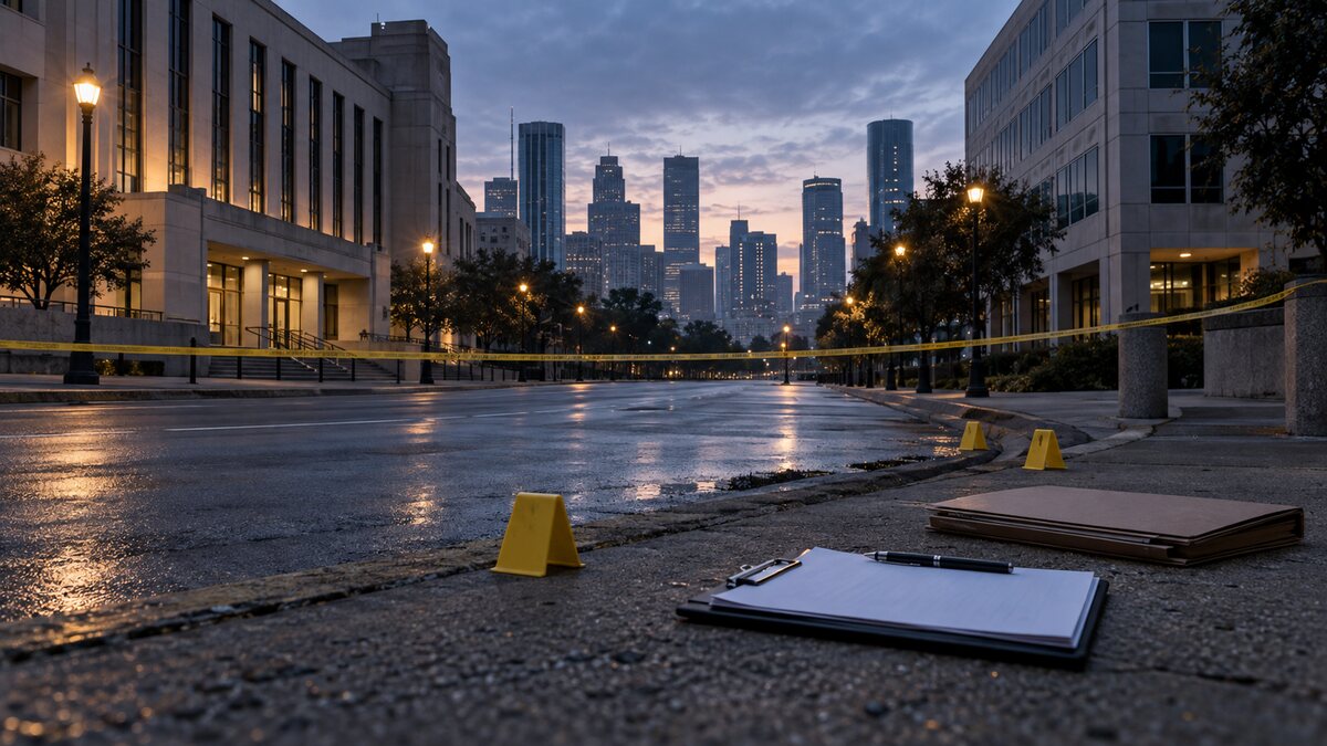 Illustrative view of an empty Houston street between local and federal office buildings, with scene tape, evidence markers and an investigator’s clipboard.