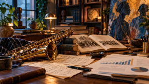 Illustrative studio scene with an alto saxophone, jazz notation, history books, artwork and economic research charts.