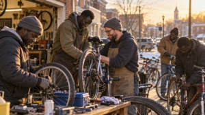 Illustrative image of Black African immigrants and a local volunteer repairing donated bicycles together outside a small-town Ohio workshop.