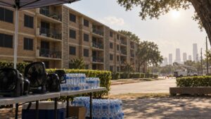 Illustrative view of a Houston apartment complex during a power outage, with cooling fans and bottled water at a shaded relief table.