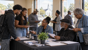Illustrative image of Black adults across generations speaking with community volunteers at a nonpartisan voter-registration table.