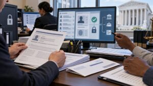 Illustrative scene of election officials reviewing voter records beside a secure digital identity database, with the U.S. Supreme Court building in the background.