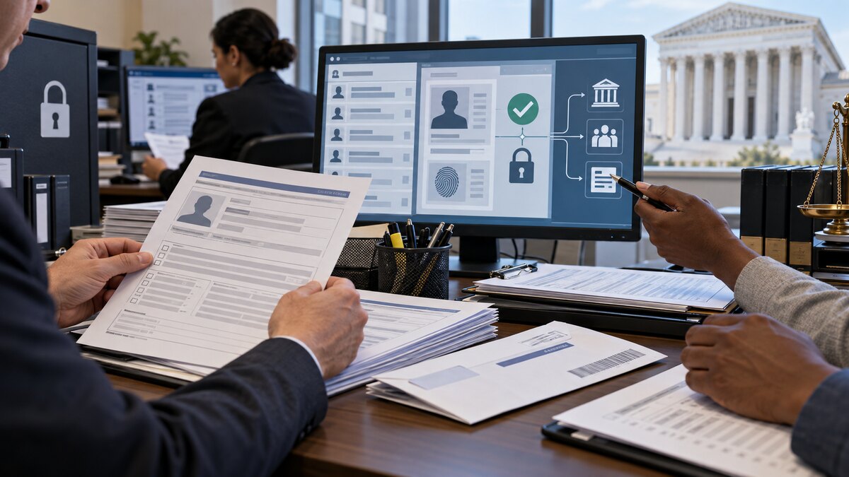 Illustrative scene of election officials reviewing voter records beside a secure digital identity database, with the U.S. Supreme Court building in the background.