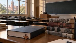 Illustrative image of an empty Texas university lecture hall with Black history books and a course catalog on a desk.