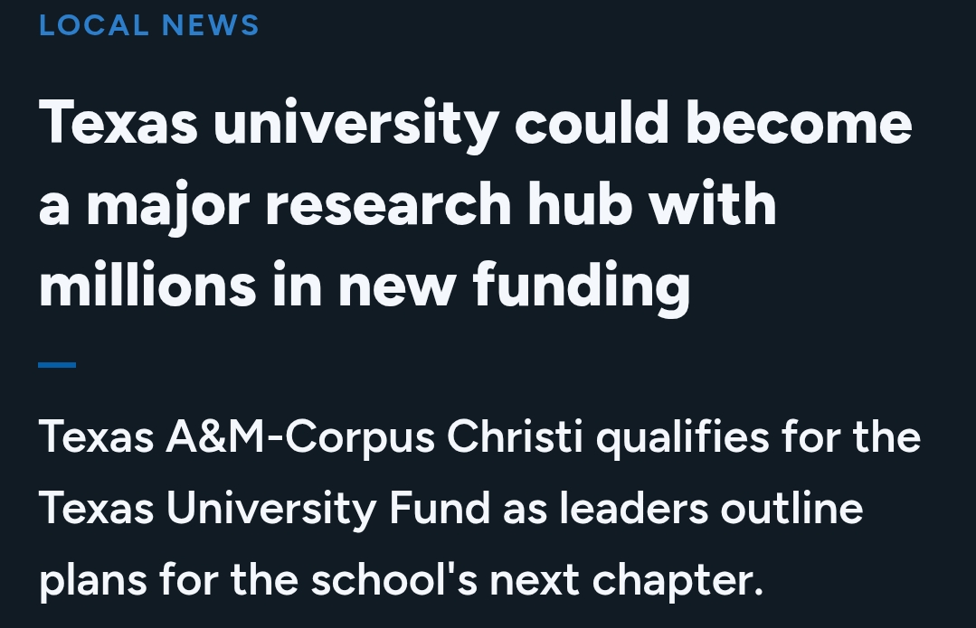 Local news graphic announcing Texas A&M-Corpus Christi qualification for the Texas University Fund