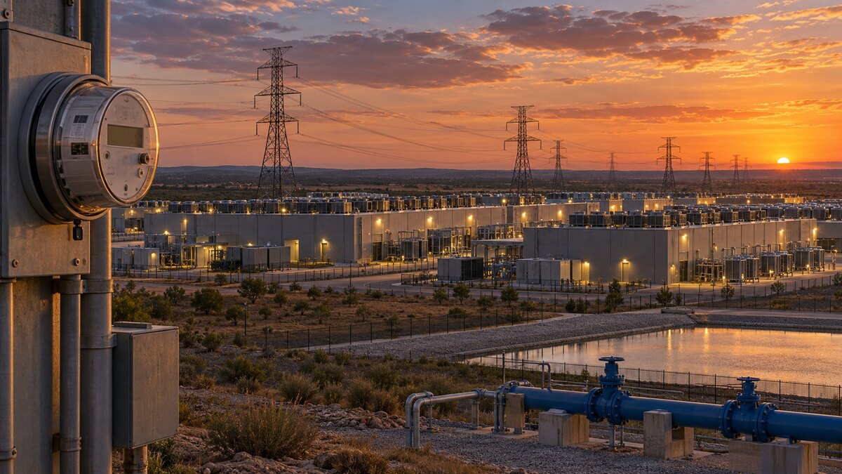 Illustrative view of a Texas data center campus, electrical transmission lines, a utility meter and water infrastructure at sunset.