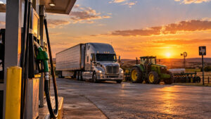 Illustrative sunset scene of a semi truck and farm tractor beside a generic diesel pump in rural Texas.