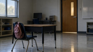 Illustrative scene of an empty elementary-school desk and backpack in a restrictive alternative classroom with a computer workstation.