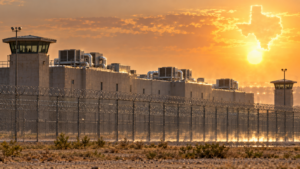 Illustration of a Texas prison exterior in intense summer heat with rooftop air-conditioning equipment and a glowing Texas-shaped heat motif in the sky.