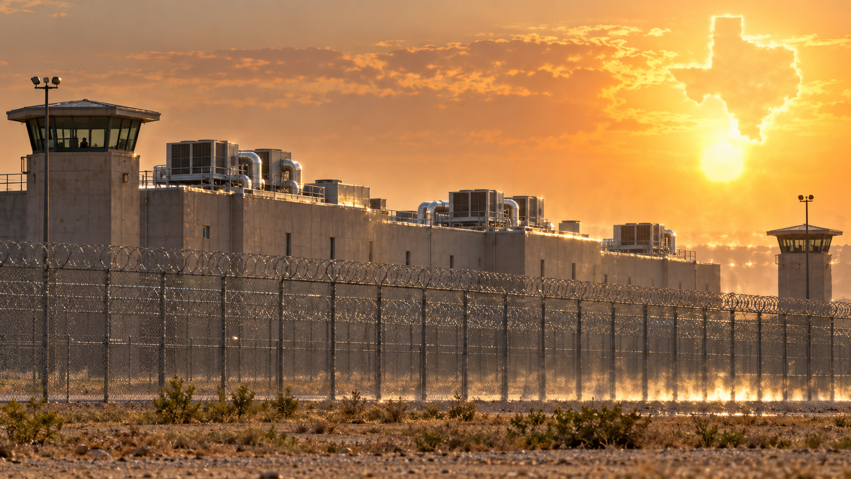 Illustration of a Texas prison exterior in intense summer heat with rooftop air-conditioning equipment and a glowing Texas-shaped heat motif in the sky.