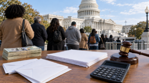 Illustrative image of blank budget papers, envelopes, a calculator, a gavel and U.S. currency on a desk overlooking the U.S. Capitol as diverse adults wait nearby.