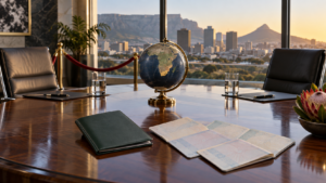 Illustrative image of empty diplomatic chairs, a globe centered on Africa and blank travel documents on a conference table overlooking Cape Town.