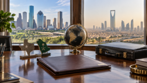 Illustrative diplomatic scene connecting the Houston and Riyadh skylines with a closed nomination folder, globe and briefcase.