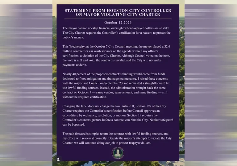 **STATEMENT** Houston City Controller on Mayor Violating City Charter
