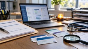 Illustrative image of generic health-insurance cards, a benefits application, laptop dashboard, magnifying glass and stethoscope on a healthcare records-review desk.