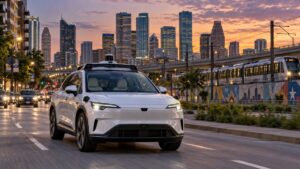 Illustration of an unoccupied autonomous electric crossover traveling near downtown Houston and a light-rail line at dusk.
