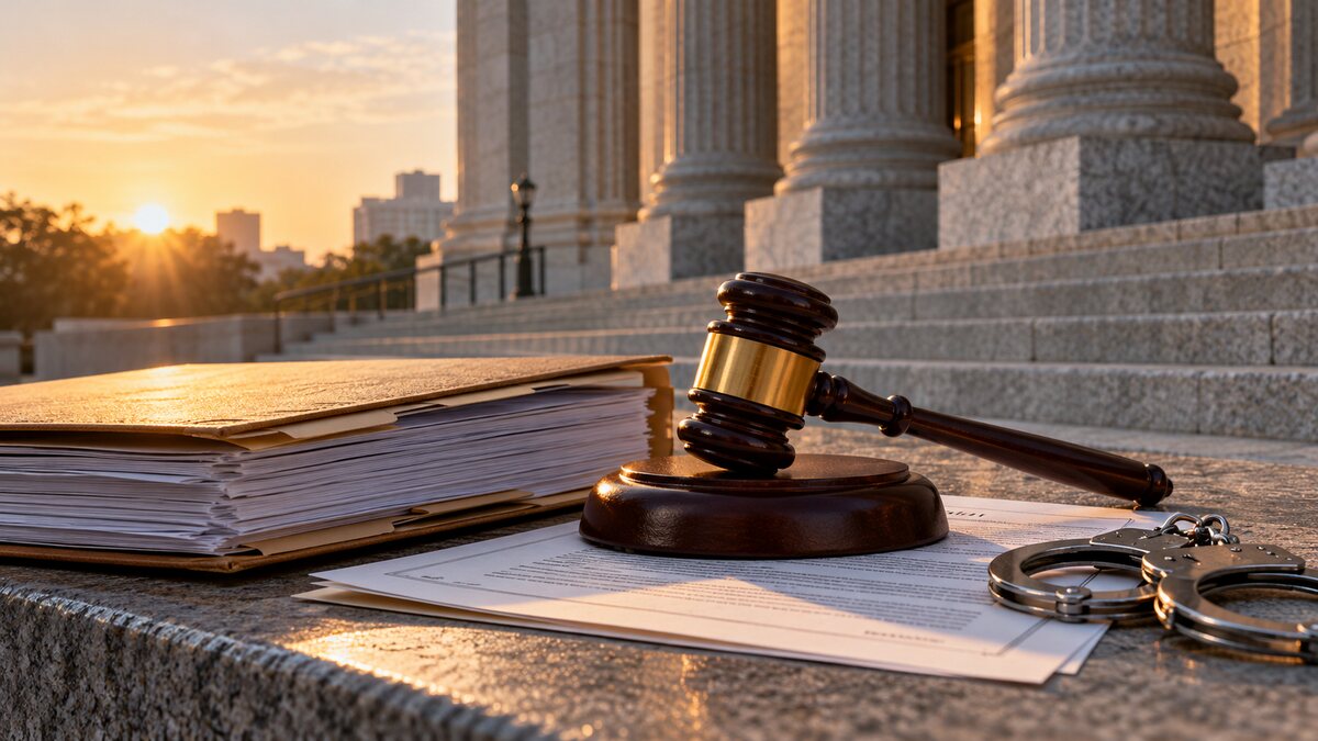 Illustration of a judge’s gavel, court files and closed handcuffs outside a generic federal courthouse, symbolizing a civil-contempt ruling over immigration detention orders.
