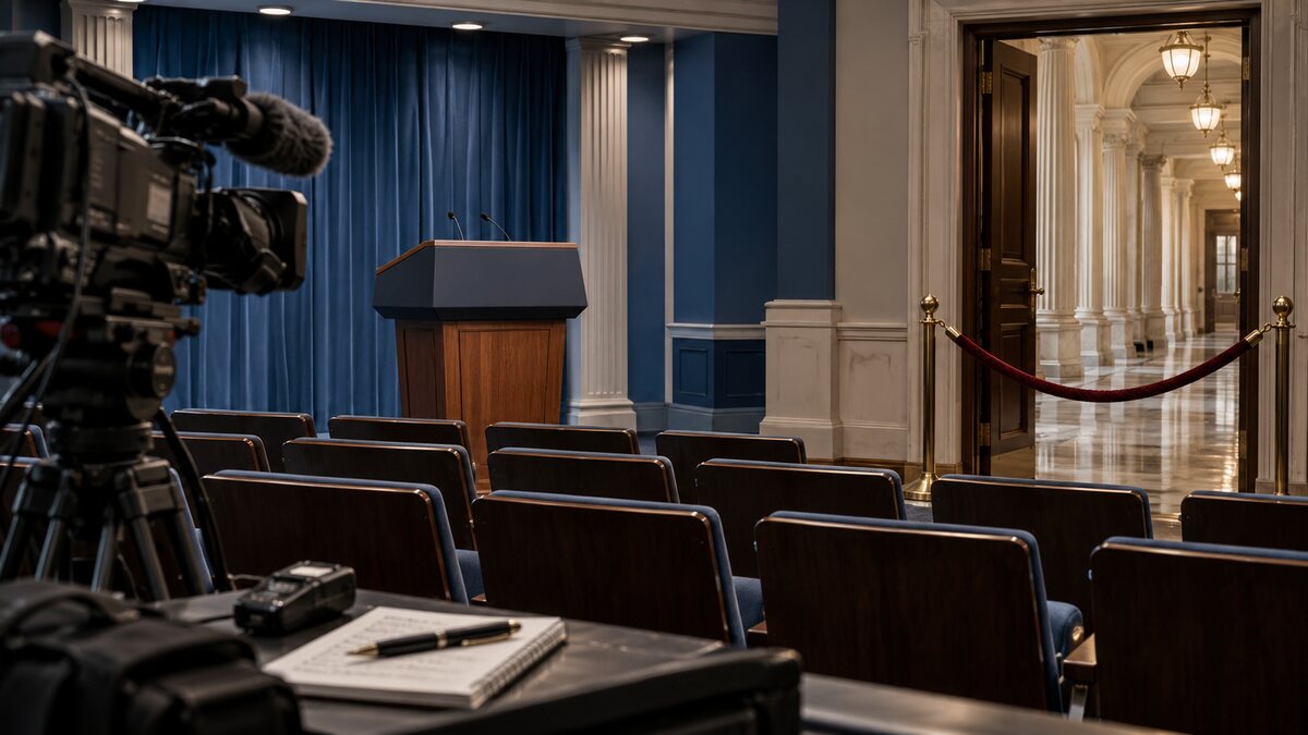 Illustration of an empty government press briefing room with a camera, notebook and rope barrier symbolizing restricted access to independent reporting.