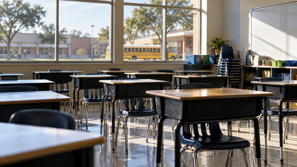 Illustration of an underused Houston-area classroom with empty desks and a school bus outside as Alief ISD considers campus consolidation.
