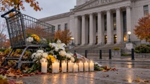 Illustrative image of flowers and ten memorial candles beside an empty grocery cart outside a federal courthouse, representing the Buffalo supermarket hate-crimes trial.