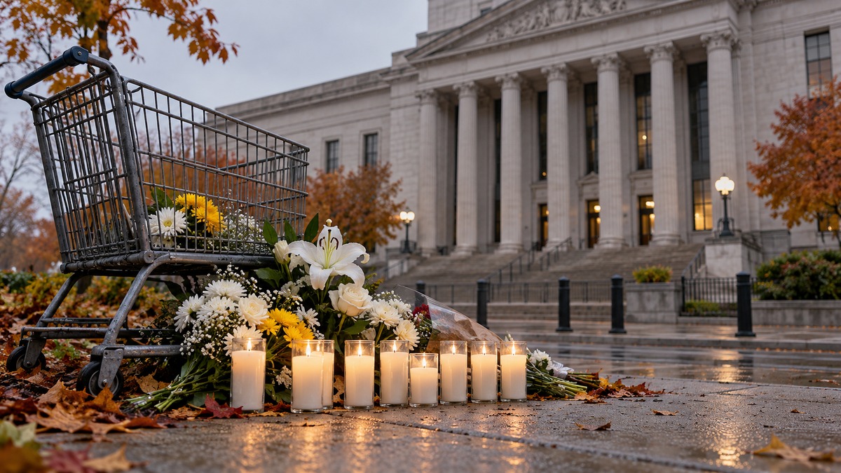 Illustrative image of flowers and ten memorial candles beside an empty grocery cart outside a federal courthouse, representing the Buffalo supermarket hate-crimes trial.