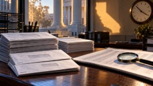 Illustrative image of sealed mail-ballot envelopes, a voter-roll ledger and magnifying glass in an election office, with a California-shaped light and courthouse columns in the background.