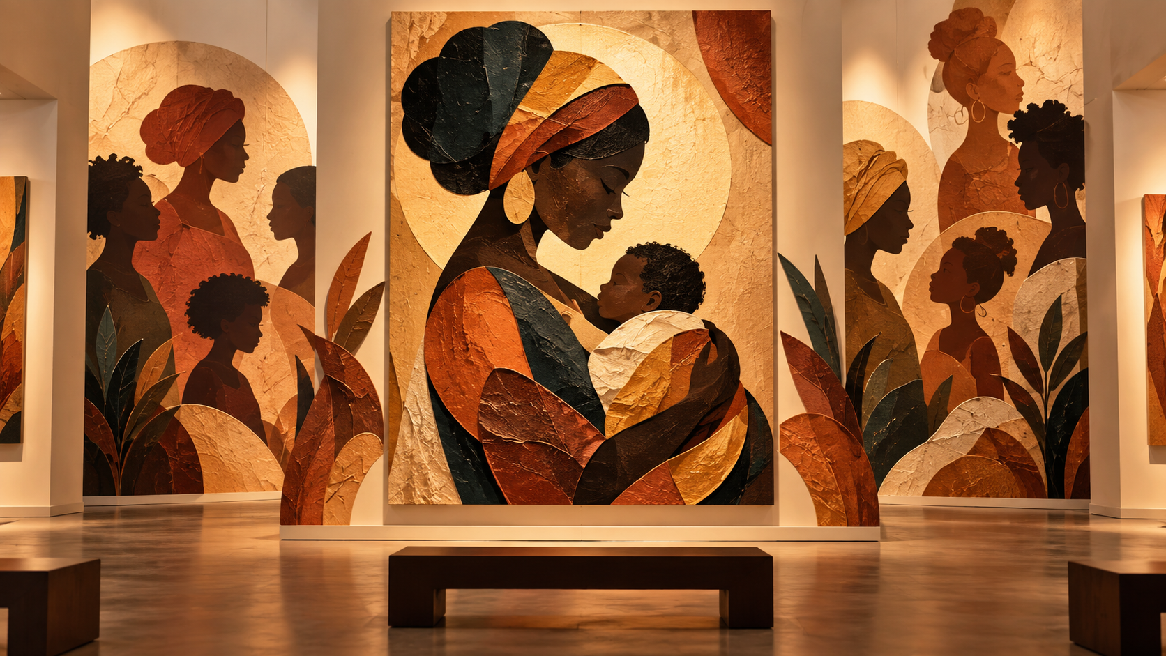 Original illustrative concept of a gallery artwork depicting a Black mother holding a baby; not the actual Call Me Mother exhibition.