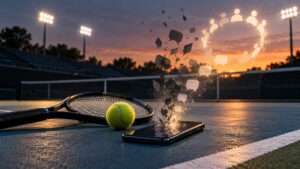 Illustrative image of a tennis racket, ball and smartphone on an empty court as dark message shapes dissolve into a glowing circle of solidarity.
