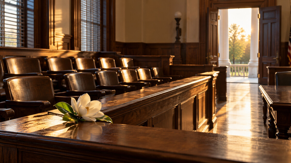 Illustrative image of an empty courtroom jury box with a white flower and an open sunlit doorway, symbolizing Curtis Flowers’ legacy and the pursuit of justice.