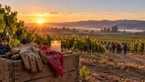 Illustrative memorial image of work gloves, a red bandana and a candle beside grapevines at sunrise as adult farmworkers walk together in the distance.