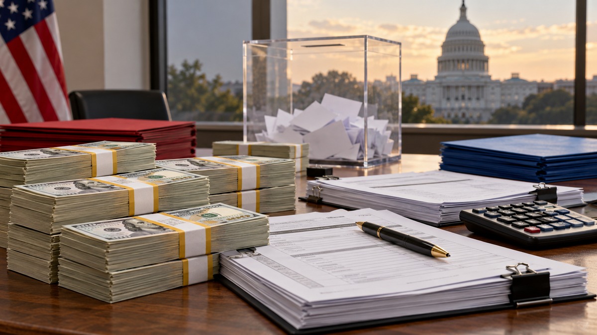 Illustrative image of campaign-finance forms, stacks of U.S. currency and a ballot box with the U.S. Capitol in the background, representing major political donations in the 2026 midterms.