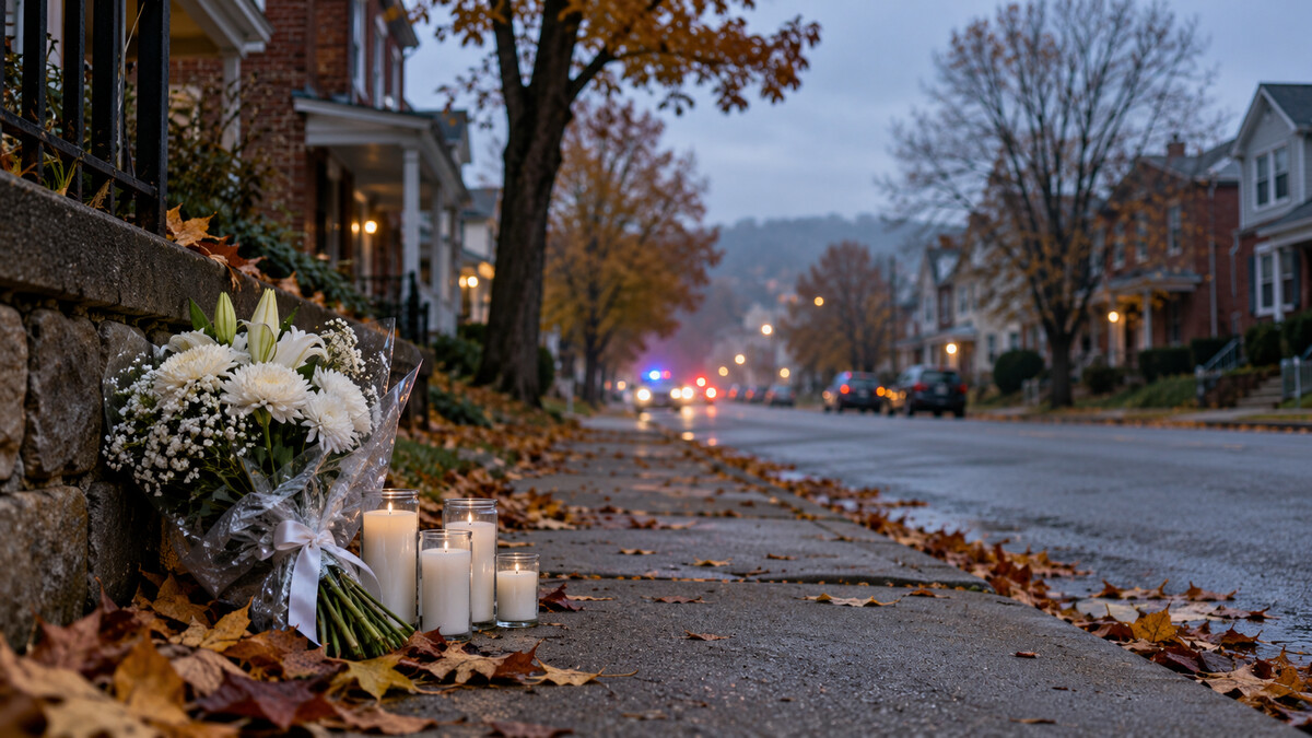 Illustrative image of white flowers and candles on a quiet residential sidewalk with distant emergency vehicles, representing the victims of the Erie shooting.