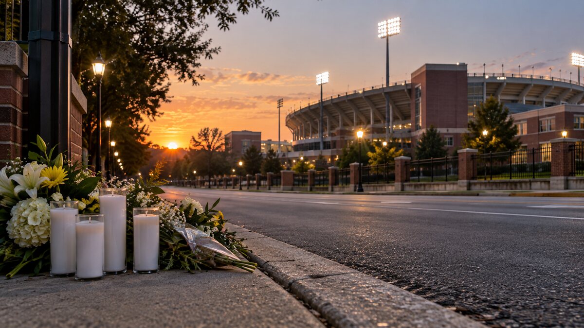 Illustrative image of flowers and candles on a quiet street outside a generic college football stadium at dawn.