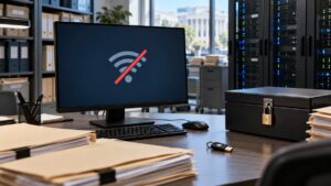 Illustrative image of a government records office with an offline symbol on a computer, secured disclosure files and server equipment.